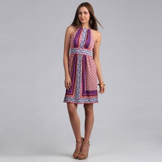 London Times Women's Printed Matte Jersey Keyhole Halter Dress