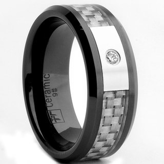 Oliveti Black Ceramic Men's CZ and Grey Carbon Fiber Inlay Ring (8 mm)