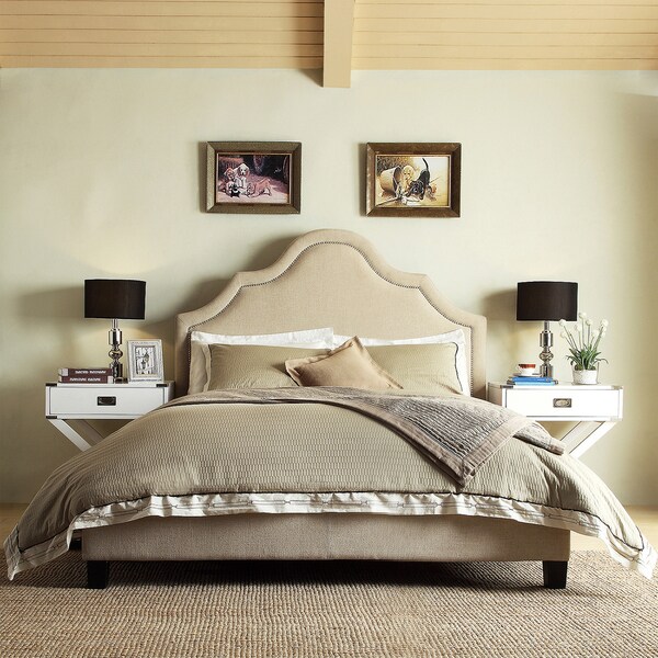 INSPIRE Q Fletcher Beige Linen Nailhead Arch Curved Upholstered Platform Bed