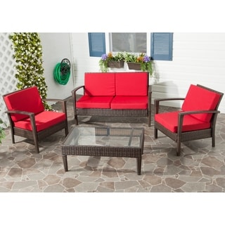 Safavieh Outdoor Living Brown PE Wicker Red Cushion Glass Top 4-piece Patio Set