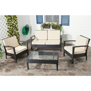 Safavieh Outdoor Living PE Wicker Yellow Cushion Glass Top 4-piece Patio Set