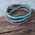 Chic Mix Pink Rhodonite-Blue Amazonite Triple Wrap Leather Bracelet (Thailand)