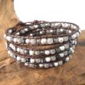 'Twilight Feast' Labradorite Brown Leather Pearl Wrap Bracelet (Thailand)