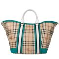 Burberry Haymarket Equestrian Knight Colorblock Beige Blue Large Tote Bag
