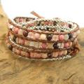 Brown Leather Mix Gemstones Chain Link Triple Wrap Bracelet (Thailand)