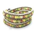 Green Leather Chain Link Triple Gemstone Wrap Bracelet (Thailand)