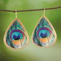 Silvertone Enamel Peacock Feather Print Teardrop Earrings (India)
