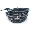 Black Leather Hematite Facets Wrap Bracelet (Thailand)