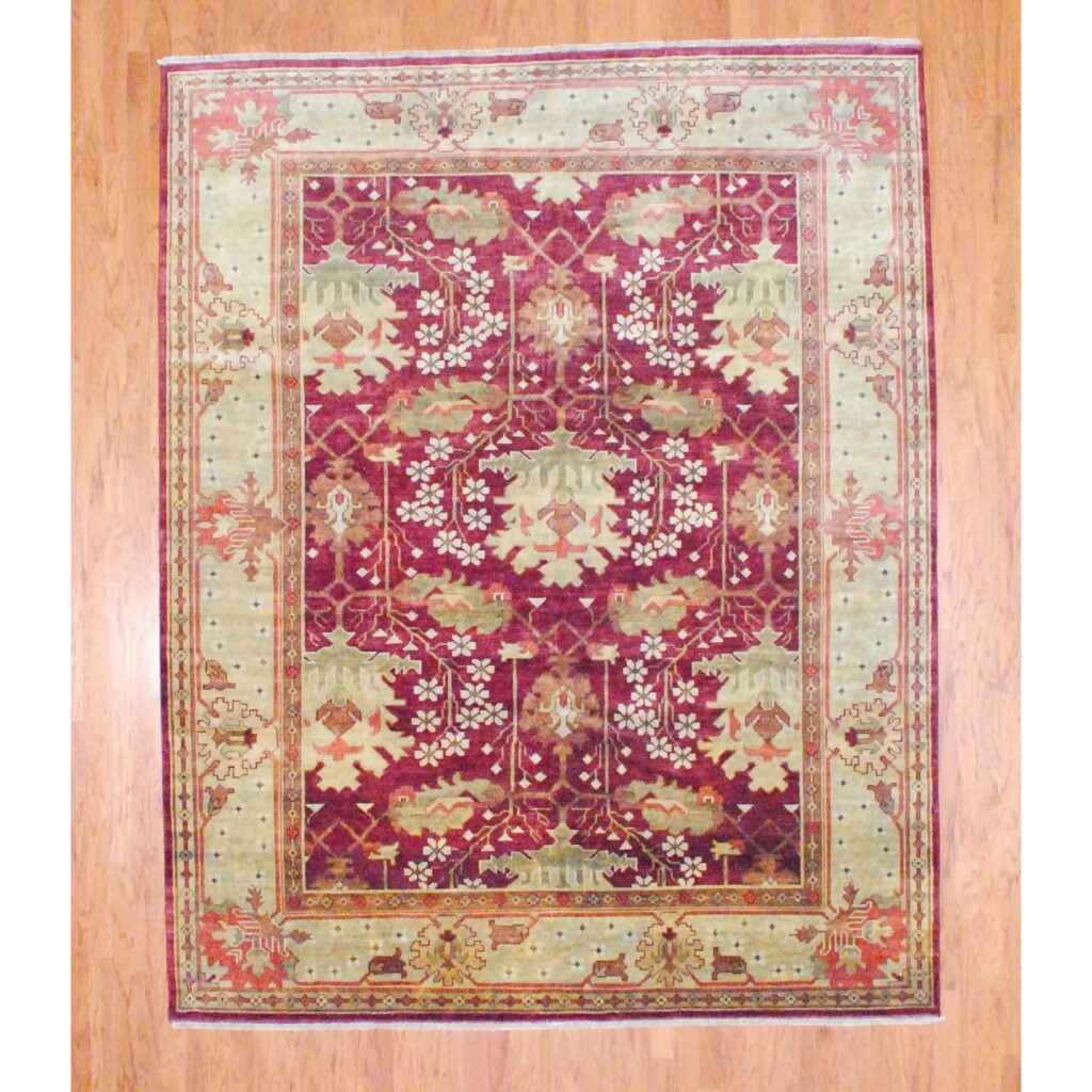 Indo Hand knotted Oushak Burgundy/ Light Green Wool Rug (84 x 104