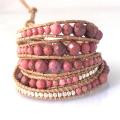 Earthy Gems Pink Rhodonite Stone Snake Cord Leather Wrap Bracelet (Thailand)