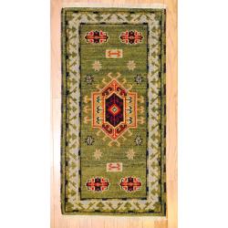 Indo Hand-knotted Kazak Green/Ivory Wool Rug (2' x 4')
