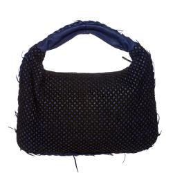 Bottega Veneta Navy-blue Leather Hobo Bag with Cotton Overlay