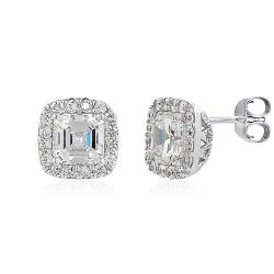 Sterling Silver Clear Cubic Zirconia Square Stud Earrings