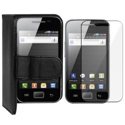 Black Leather Wallet Case/ LCD Protector for Samsung Galaxy Ace S5830