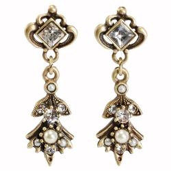 Sweet Romance Bronzetone Glass Pearl and Crystal 1940's Earrings