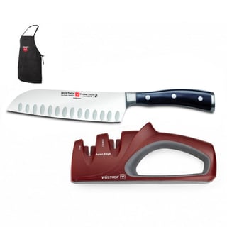 Wusthof Classic Ikon Santoku 7-inch Knife and Asian Sharpener Set plus Bonus Apron