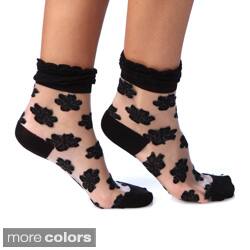 Women's Sheer Stitched Pattern Trim Crew Socks-Image