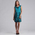 London Times Women's Aqua Printed Matte Jersey Shift Dress