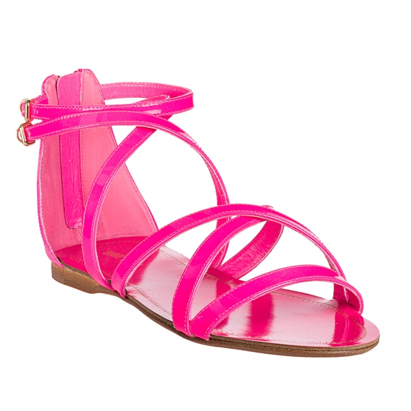 Miu Miu Women's Neon Pink Patent Leather Strappy Flat Sandals ...