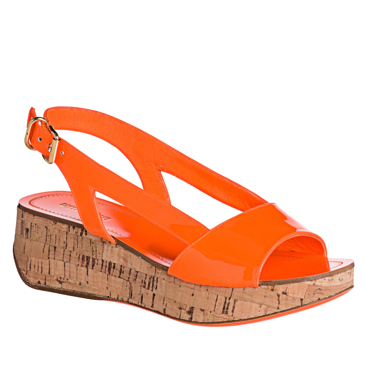 Miu Womens Orange Patent Leather Cork Wedge Sandals