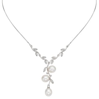 Pearlyta Sterling Silver White FW Pearl and Cubic Zirconia Leaf Necklace (11-12 mm)