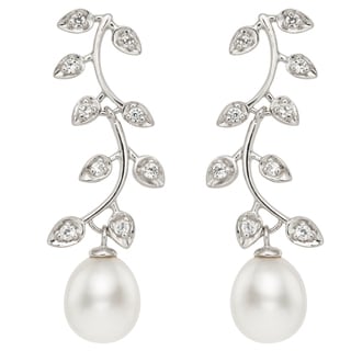 Pearlyta Sterling Silver FW Pearl and CZ Leaf Earrings (11-12 mm)