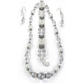 Silverplated White Glass Pearl and Clear Crystal Wedding Jewelry Set