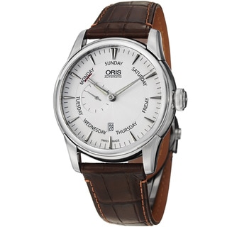 Oris Men's 'Artelier' Silver Dial Pointer Day Leather Strap Watch