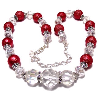 Silverplated Carnation Red Bumpy Glass Pearl and Crystal Jewelry Set