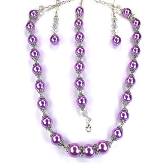 Silverplated Lavender Purple Glass Pearl and Crystal Jewelry Set