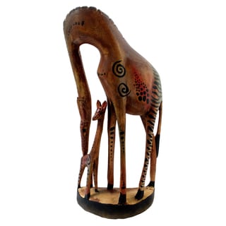 (_ _ ) Hand-Carved 'Giraffe Bending Towards Baby' Okoyo Statue (Kenya)