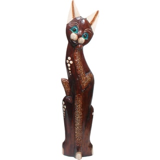 @@@ >  Hand-Carved Wooden 'Playful Cat' Statue (Indonesia)