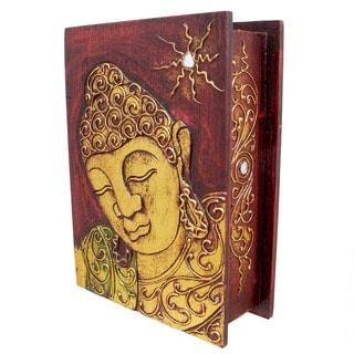 Gold Accented Hand-Carved Buddha Book-Style Storage Box (Indonesia)