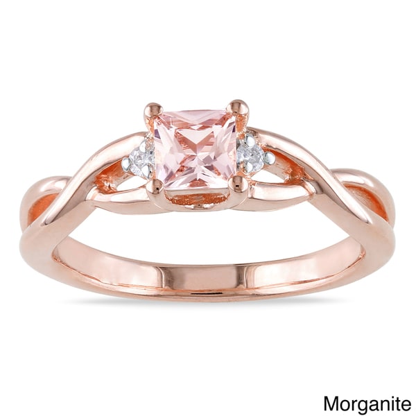 Miadora Rose-plated Square-cut Silver Tourmaline or Morganite and Diamond Ring