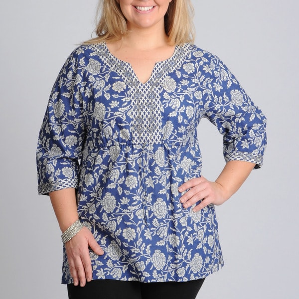 La Cera Women's Plus Size Blue Floral Print Drawstring Tunic
