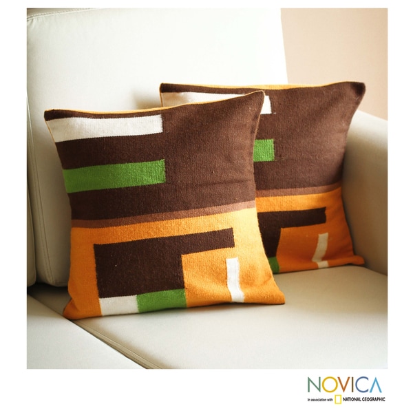 Handmade Set of 2 Alpaca Blend 'Andean Moon' Cushion Covers Peru