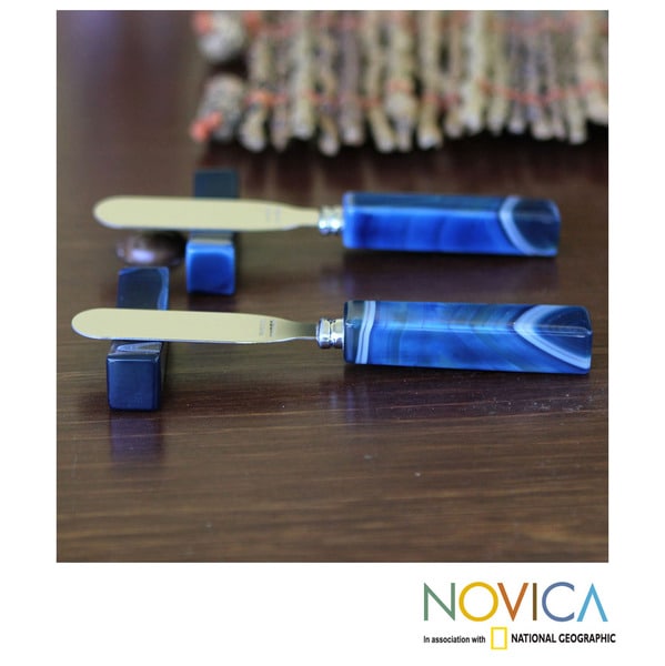 Handmade Set of 2 Stainless Steel 'Sapphire' Agate Spreader Knives Brazil