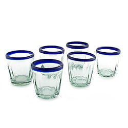 Set of 6 Handcrafted Blown Glass 'Cobalt Groove' Glasses (Mexico)