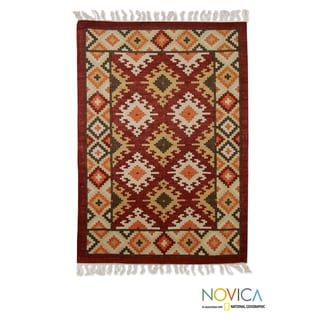 Hand-woven Wool 'Mirzapur Glory' Red Brown Rug (4x6) (India)