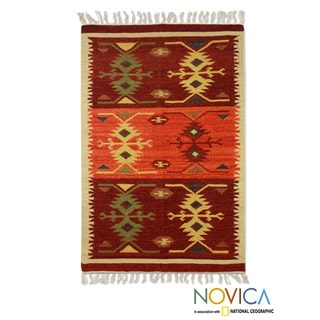 Hand-woven Wool 'Tribal Glory' Maroon Orange Beige Rug (3x5) (India)