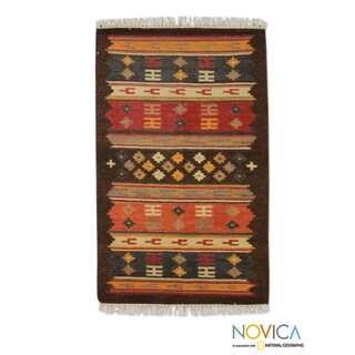 Hand-woven Wool 'Window to Marzipur' Red Brown Rug (3 x 5) (India)