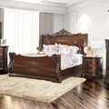 Enitial Lab Luxury Brown Cherry Baroque Style Sleigh Bed with Nightstand Bedroom Set