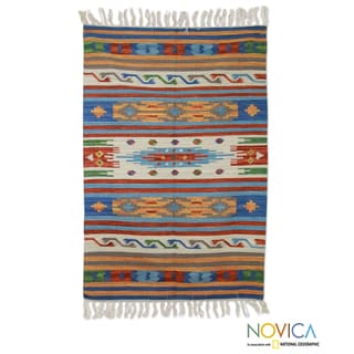 Handcrafted Wool 'Blue Moods' Rug (4x6) (India)