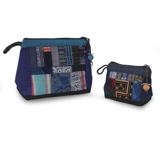 Set of 2 Cotton and Hemp 'Ethnic Blue' Cosmetic Bags (Thailand)