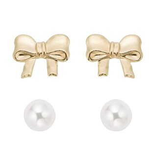Pearlyta 14k Gold FW Pearl Stud and Bow Earring Set (4-5 mm) with Gift Box | Overstock.com Shopping - The Best Deals on Children's Earrings
