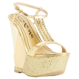 Celeste Women's 'Lea-01' Gold T-Strap Sling Back Wedge Sandals