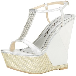 Celeste Women's 'Lea-01' Silver T-Strap Sling Back Wedge Sandals