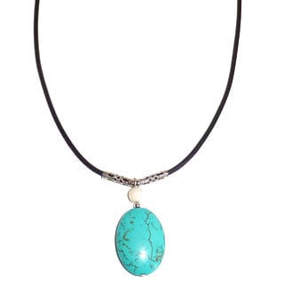 Every Morning Design Blue Turquoise Oval On Leather Necklace