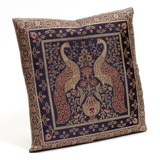 Black Banarasi Brocaded Pillow Cover with Woven Peacocks (India)