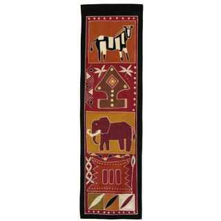 'Zebra and Elephant' Handpainted African Tapestry (Zambia)